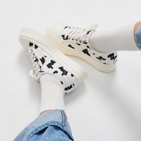 Semir帆布鞋女春秋季厚底休闲鞋百搭运动鞋豹纹板鞋软底女鞋 白黑色 单层 35