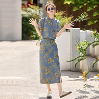 佰蓝娇新中式国风盘扣牛仔裙套装女2025年夏季新款复古碎花半身裙两件套 (建议85-100斤)