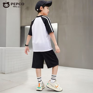 小猪班纳男童短袖短裤套装2025夏季儿童球服印花篮球服运动训练两件套 白色 150