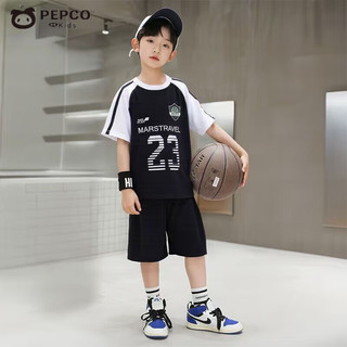 小猪班纳男童短袖短裤套装2025夏季儿童球服印花篮球服运动训练两件套 白色 150