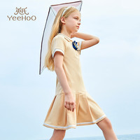 英氏（YEEHOO）儿童裙子儿童连衣裙夏季装时尚淑女学院风短袖公主裙中小童装2 格子领结-卡其 130