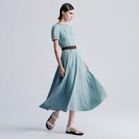 A字简约大气短袖圆领连衣裙配腰带收腰修身女士裙子2025夏季