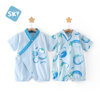 舒贝怡2件装婴儿衣服0-6个月新生儿夏季薄款连体衣A类男女宝宝短袖哈衣 山竹小猫满印蓝+蓝 80cm