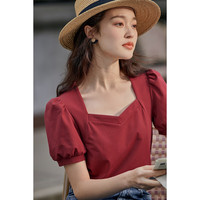 茵曼法式棉质女装方领短袖t恤夏季套头修身小个子衬衣上衣 大红色新 L 大红色-新