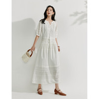 茵曼(INMAN)法式纯棉府绸镂空刺绣连衣裙2025夏季女装度假绑带裙子 珍珠白 XL