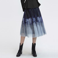 S.DEER圣迪奥女装优雅松紧撞色印花网纱不规则半身长裙S22181106 炭黑紫/93 XL 175