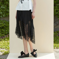 S.DEER圣迪奥女装松紧风琴褶蕾丝拼接不规则A字长裙S22281132 /91  165