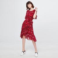 碎花荷叶边中长款连衣裙女