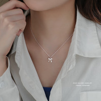 GOLDO JEWELRY温柔晚晚风蝴蝶结项链女s925纯银韩版百搭时尚轻奢甜美锁骨链 银色/磨砂款 925银
