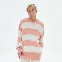 韩系休闲毛衣男春春季破洞条纹宽松套头毛衫男士毛衣