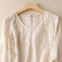 子牧棉麻2025夏装 女文艺复古套装五分袖V领刺绣衬衫阔腿裤两件套8355 杏色上衣+麻本色裤子 2XL (135-150斤)