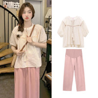 苒琦妈咪套装时尚洋气时髦夏季短袖薄款镂空甜美上衣裤子两件套 杏色上衣+粉色裤子（套装） L