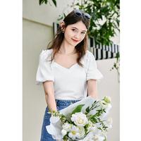 【法式方领上衣】夏时髦泡泡袖白色T恤女通勤百搭