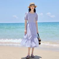 纯棉法式方领欧若风连衣裙2025夏季荷叶边度假松弛感A字裙子