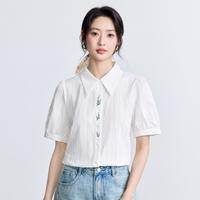 100%棉舒适文艺短袖衬衫2025夏季简约通勤百搭刺绣白衬衣