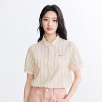 学院风百搭短袖条纹衬衫女2025夏季文艺娃娃领绣花宽松薄衬衣