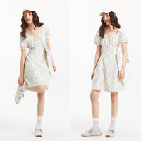 森马(Semir)连衣裙女方领雪纺裙温柔少女感夏季俏皮泡泡袖肌理碎花裙森系