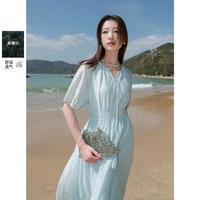 【微胖系列】2025夏款莱赛尔圆领连衣裙收腰插肩袖绣花胖MM