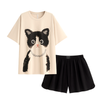 悦内睡衣女士夏季夏天短袖短裤纯棉大码家居服时尚可爱猫咪可外穿出门 23631杏灰色 M (160) 【体重90-110斤】