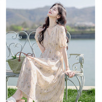丝柏舍 SPECIALV领连衣裙2025夏装新女装时尚优雅泡泡袖印花气质中长裙