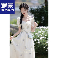 罗蒙（ROMON）法式气质通勤刺绣连衣裙2025夏季收腰显瘦清新森系方领仙女裙 杏色（雪纺绣花·款） L 120斤左右