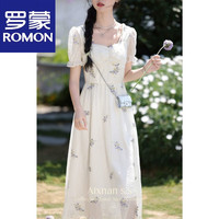 罗蒙（ROMON）法式气质通勤刺绣连衣裙2025夏季收腰显瘦清新森系方领仙女裙 杏色（雪纺绣花·款） M 110斤左右