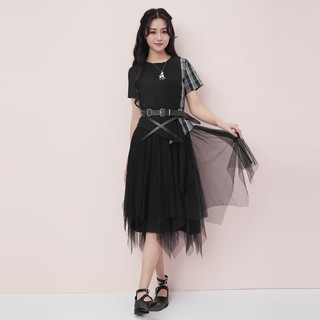 sdeer圣迪奥女装休闲圆领格纹拼接网纱不规则短袖连衣裙夏季女S21261204