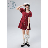 紫涵（ZIHAN）夏季方领修身连衣裙文艺森系撞色裙子X型泡泡袖显瘦 复古红 XL