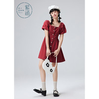 紫涵(ZIHAN)夏季方领修身连衣裙文艺森系撞色裙子X型泡泡袖显瘦 复古红 XS