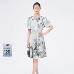 S.DEER sdeer圣迪奥女装圆领印花收腰泡泡袖连衣裙S22281233