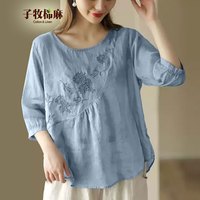 子牧棉麻2024夏装 女文艺复古T恤纯色刺绣小衫宽松显瘦圆领套头上衣1019