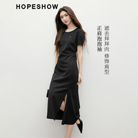 红袖超好看短袖连衣裙2025夏季女装收腰显瘦开叉圆领休闲小黑裙 黑050 S