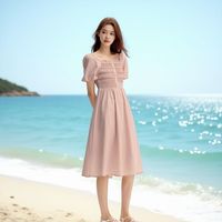 森马连衣裙女方领泡泡袖修身气质夏俏皮民族风中长裙优雅