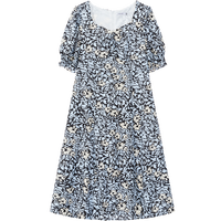 lagogo拉谷谷新款V领夏日多巴胺甜美泡泡袖A字印花雪纺连衣裙女 (Y0) 155/36