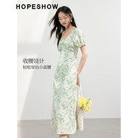红袖法式收腰连衣裙夏季2024新款女装 显瘦V领甜美碎花仙女雪纺裙 绿花602