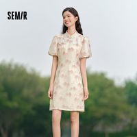 森马连衣裙女水墨画印花泡泡袖盘扣2024夏季新中式改良旗袍裙