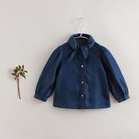 法式春秋女童丝巾领牛仔衬衫儿童长袖衬衣衬衫