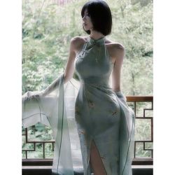 仪玫爽 禅意女装新中式国风改良旗袍修身开叉挂脖连衣裙防晒长袖开衫套装