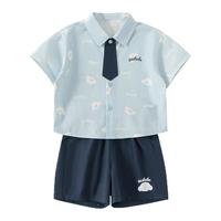 男童夏套装2025帅气时髦男宝宝夏装衬衫两件套儿童衣服学院风