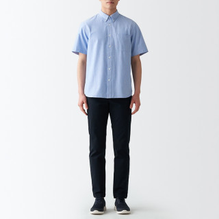 無印良品 MUJI 男式 棉水洗牛津 纽扣领短袖衬衫 纯棉全棉衬衣外套 ACC01C2S 萨克森蓝