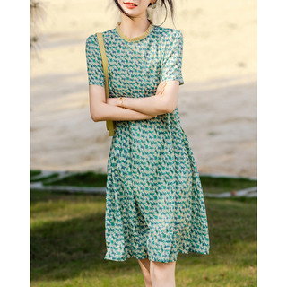 德玛纳 dme【轻奢法式List】夏圆领设计感压褶舒适复合丝花瑶a字连衣裙