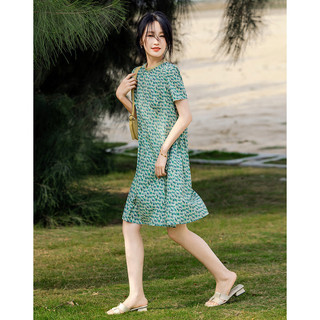 德玛纳 dme【轻奢法式List】夏圆领设计感压褶舒适复合丝花瑶a字连衣裙