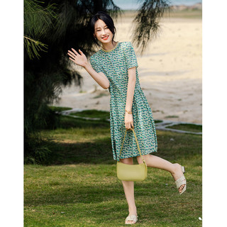 德玛纳 dme【轻奢法式List】夏圆领设计感压褶舒适复合丝花瑶a字连衣裙
