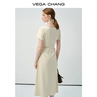 VEGA CHANG短袖连衣裙女2025新款夏气质方领抽褶收腰修身显瘦长裙