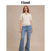 ELAND衣恋针织T恤女绞花polo领修身显瘦短袖上衣2025夏季 象牙白/白色(39)Ivory M /165