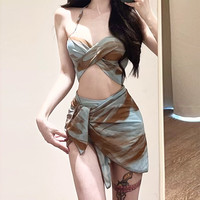 巧丂比基尼分体式泳装三件套钢托性感纯欲风挂脖海边沙滩显瘦修身 混色挂脖比基尼【80斤-120斤】