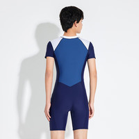 摩登加青少年泳衣连体男孩短袖大码运动胖大童冲浪遮阳速干游泳训练 22046 蓝白拼色 连体式 M码 身高125-135cm