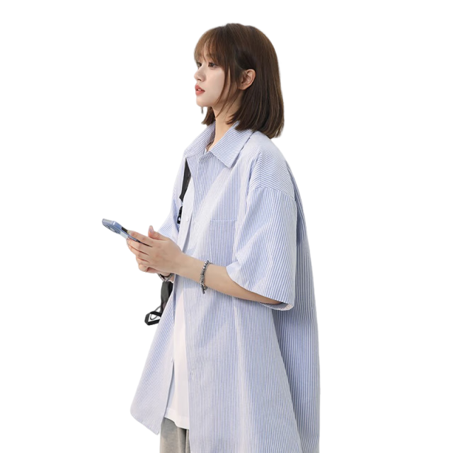QGF多巴胺条纹短袖衬衫女男生新款夏季宽松显瘦休闲百搭中性衬衣外套   【建议110-130斤】