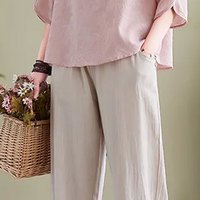 子牧棉麻2025夏装 女时尚洋气套装薄短袖刺绣上衣阔腿裤两件套9150 粉色上衣+杏色裤子 L (115-125斤)