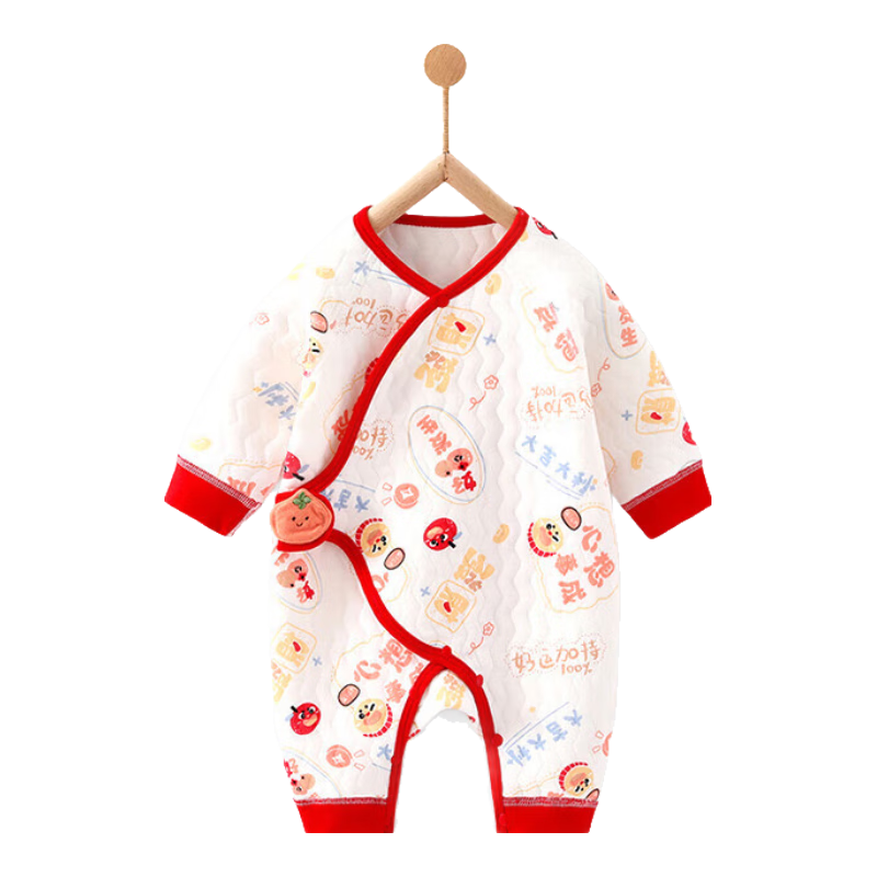 贝乐咿新生儿连体衣婴儿无骨秋冬纯棉幼儿和尚服爬服魔术贴宝宝衣服 大吉大利-5795 52码适合新生儿或待产